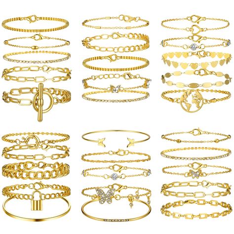 PRICES MAY VARY. Trendy Bracelets Set: you will get 30 pieces (6 sets) of gold bracelets for women, sufficient and various to meet your daily or party use and replacement needs; You can also share them with your friends and family members Multiple Styles: the gold bracelet set includes cube chain bracelet, paperclip chain bracelet, geometric buckle bracelet, punk style bracelet and so on, simple and exquisite; Each bracelet can be worn separately, or together for a layered look with other styles Cuban Jewelry, Gold Arm Band, Amazon Jewelry, Dainty Gold Bracelet, Wrap Bangles, Bracelet Sets, Gold Chain Bracelet, Gold Bracelet Set, Trendy Bracelets