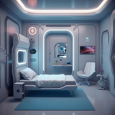 Capsule Bedroom, Spaceship Interior Bedrooms, Futuristic Bedroom Design, Futuristic Bedroom Ideas, Sci Fi Room, Futuristic Room, Futuristic Bedroom, Futuristic Interior Design, Scifi Interior