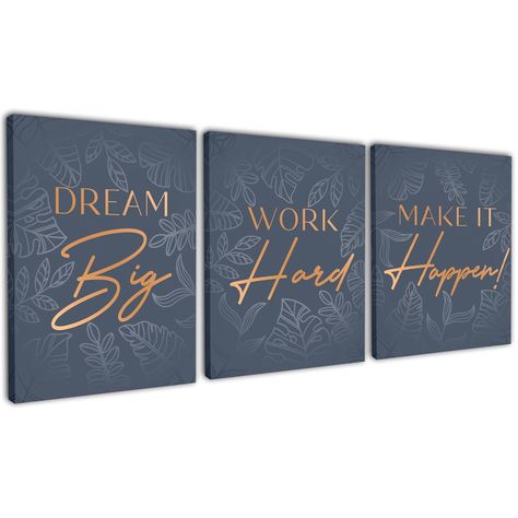 PRICES MAY VARY. LIVE INSPIRED - Dream Big, Work Hard, Make it Happen positive affirmations office wall art is a stunningly beautiful mix of design and inspiration! FRAMED CANVAS - Each 3 piece wall art poster is sized 12.5 x 15.2 inches and is ready to be hung. Versatile size allows for display wherever you need inspiration. BEAUTIFULLY DESIGNED - Featuring navy blue and gold colors with perfectly paired fonts and botanical elements, this motivational wall art will perfectly compliment any room Gold Office, Canvas Art Quotes, Living Room Themes, Blue Office, Motivational Wall Decor, Inspirational Wall Decor, Living Room Restaurant, Wall Art Posters, Wall Decor Quotes