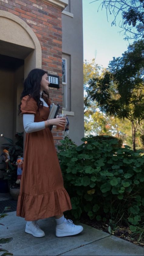 Rust orange fall maxi dress Fall Outfits Maxi Dress, Cute Church Outfits For Winter Dresses, Modest Outfits With Converse, Fall Christian Outfits, Modest Fall Outfits Aesthetic, Thanksgiving Outfit Modest, Fall Modesty Outfits, Teacher Modest Outfits, Fall Pictures Dress