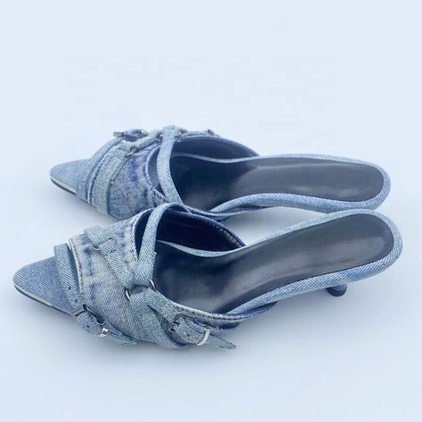 Denim Low Heels Women Peep Toe Slippers Shoes Cross Straps Dress Sandals Office Ladies Pointed Toe Mules Denim Slippers, Rock Music Festival, Punk Rock Music, Daily Shoes, Toe Slippers, Straps Dress, Modern Sandals, Slippers Shoes, Stiletto Shoes