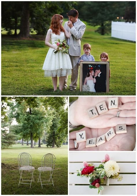 10th Anniversary Vow Renewal...I like the picture of the couple posed the same way as the framed wedding photo that the children are holding up 10th Anniversary Idea, Anniversary Vow Renewal, 40th Anniversary Party, Renewal Wedding, Vow Renewal Ceremony, Wedding Renewal Vows, Anniversary Pictures, 10th Wedding Anniversary, Wedding Vows Renewal