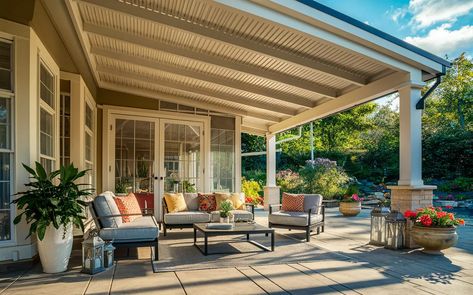 Outdoor Covered Patio Attached To House, Covered Patio Ideas Attached To House, Covered Patios Attached To House, Patio Attached To House, Patio Cover Ideas, Living Green Roof, Covered Patio Design, Modern Porch, Outdoor Covered Patio