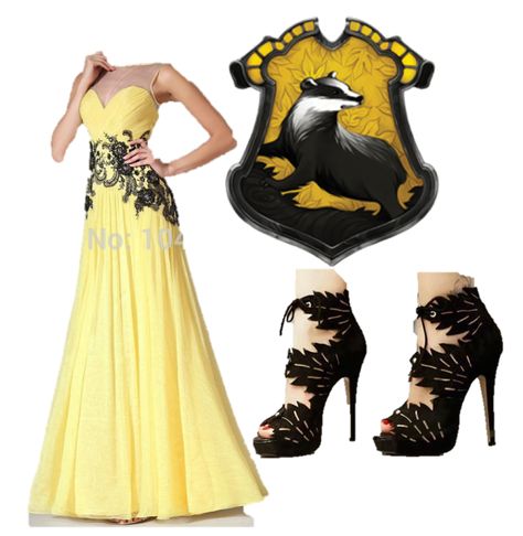 Hufflepuff dress/ Yulla Ball Hufflepuff Wedding Dress, Hufflepuff Dress Yule Ball, Hufflepuff Yule Ball Gowns, Yule Ball Dress Hufflepuff, Yule Ball Dress Ideas, Yule Ball Gowns, Hufflepuff Dress, Hufflepuff Fashion, Hp Outfits