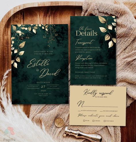 This wedding invitation captures the essence of elegance with its rich emerald green and luxurious gold accents, making it perfect for a sophisticated botanical-themed wedding. The dark green background, adorned with delicate gold floral illustrations, creates a striking contrast that exudes class and charm. The modern typography adds a touch of contemporary flair, ensuring your wedding stationery stands out beautifully. TRY BEFORE YOU PURCHASE Copy the link and paste it into your browser.   DEM Emerald Wedding Invitations Elegant, Green And Gold Spring Wedding, Green Art Deco Wedding, Forest Green Wedding Invites, Emerald And Navy Wedding Color Schemes, Dark Green Save The Date, Forest Green And Gold Wedding Decor, Wedding Invitations Green And Gold, Forest Green Wedding Invitations