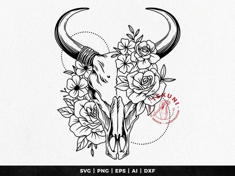 Bull Skull Floral Tattoo, Western Tattoo With Flowers, Bull Skull Flower Tattoo, Cow Skull Illustration, Bull Skull Illustration, Cow Skull With Flowers Tattoo, Cow Skull Tattoo Flowers, Pyrography Hats, Bull Skull Tattoo With Flowers