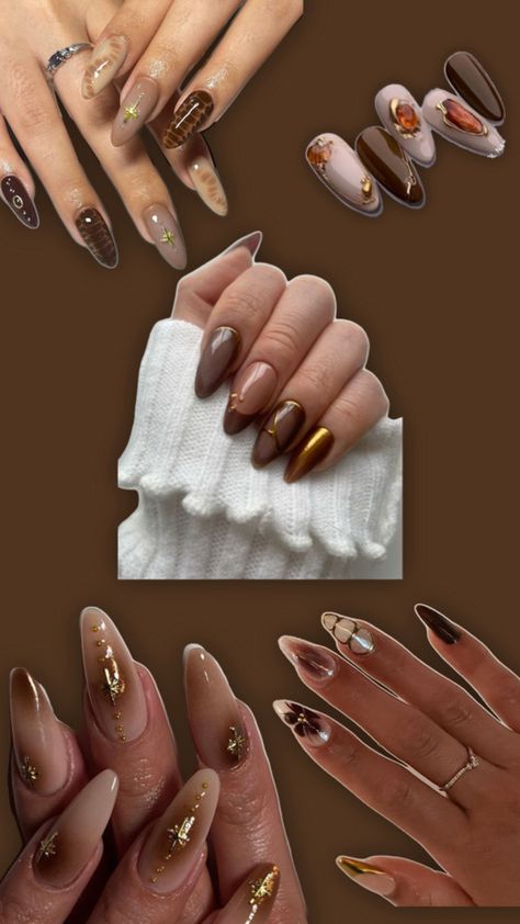 Brown fall nails with gold accent Fall Nails With Gold, Brown Gold Nails, Nails With Gold Accent, Brown Fall Nails, Nails With Gold, Brown Fall, Gold Accent, Gold Nails, Fall Nails