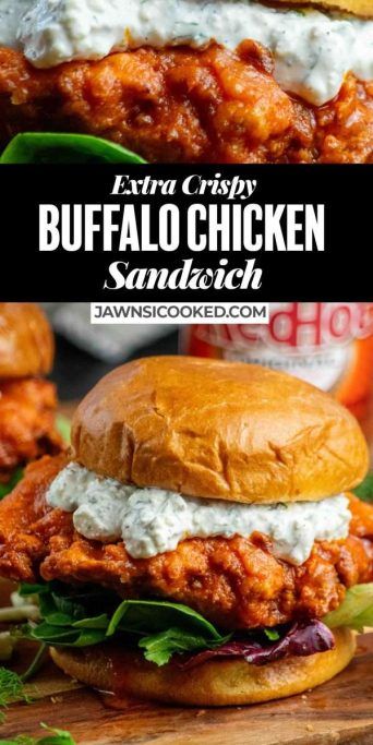 This crispy, crunchy, flavor-packed, buttermilk marinated buffalo chicken sandwich recipe uses a special ingredients for ultra-crispy breading, with a tangy homemade dilly blue cheese sauce and toasted brioche buns! Buffalo Sandwich Recipes, Homemade Buffalo Chicken Sandwich, Breaded Buffalo Chicken Sandwich, Buffalo Ranch Chicken Sandwich, Blue Cheese Sauce For Chicken, How To Make A Chicken Sandwich, Blue Cheese Sandwich Recipes, Easy Buffalo Chicken Sandwich, Buffalo Chicken Patties