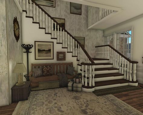 drew on Instagram: “my fav staircase 🤭🤍 also interior speedbuild for the winter home is out! ☕️ - - - tags: #bloxburg #bloxburghouse #robloxroleplay…” Bloxburg Mediterranean House Ideas, Bloxburg Hall Ways Ideas, Mediterranean Bloxburg House Interior, Mediterranean Bloxburg Interior, Realistic Bloxburg Entryway, Bridgerton House Bloxburg, Bloxburg Entrance Ideas Modern, Bloxburg Front Door Ideas Inside, Bloxburg Stairway Ideas