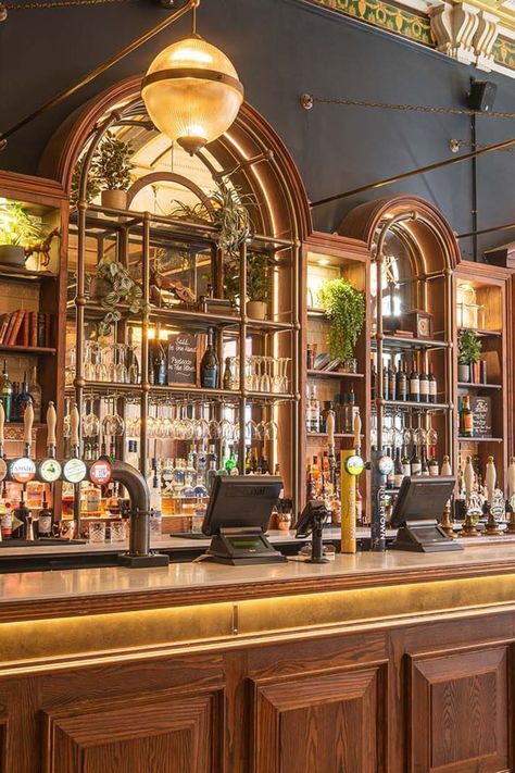 wooden bar front with alcohol bottles displayed on mirrored shelves on back wall of bar area, tall wooden arched shelves with mirror sectioning, glossy wooden bar top with beer taps, falling leaf plants, hanging circular ball light. Bar Area Design, Irish Pub Design, French Chateau Homes, Brewery Bar, Brewery Design, Italian Bar, Craftsman Interior, Pub Design, Art Deco Bar