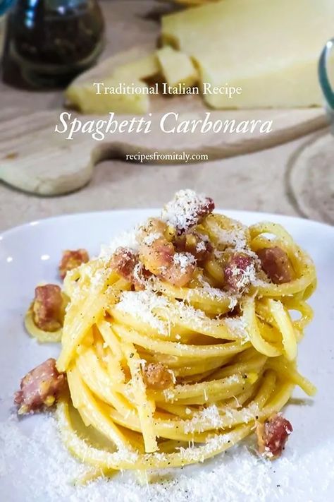 Spaghetti Carbonara Traditional Recipe | Italian Spaghetti alla Carbonara Carbonara With Guanciale, Roman Carbonara Recipe, Italian Pasta Carbonara, Roman Pasta Recipes, Carbanora Recipe, Pecorino Romano Recipes, Guanciale Carbonara, Guanciale Recipes, Carbonara Guanciale