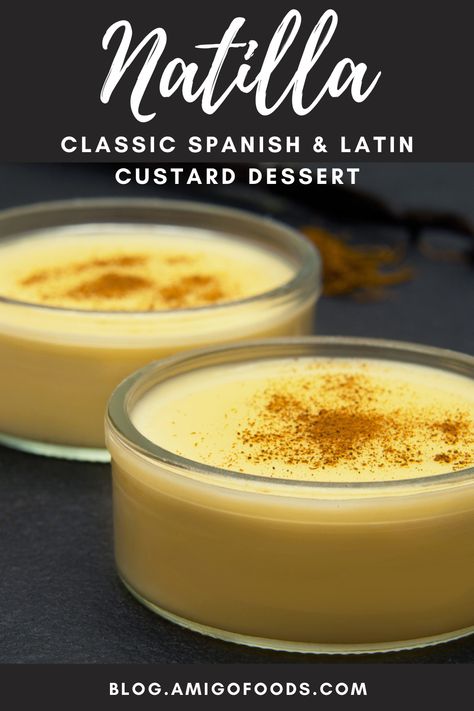 Natilla is a custard dessert theorized to be developed by nuns. It is made with eggs, milk, sugar, cinnamon, and vanilla, and while it is similar to flan, it does not have a caramel topping. All countries have variations of this popular recipe using different ingredients. #spanishfood #spain #dessert #natilla #custard #amigofoods Puerto Rican Breakfast Custard, Mexican Custard Desserts, Puerto Rican Christmas Desserts, Natilla Recipe Cuban, Desserts Using Milk, Cuban Natilla Recipe, Mexican Vanilla Recipes, Mexican Dessert Recipes Authentic, Spanish Desserts Easy