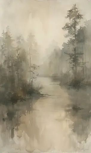 ↑↑↑ Larger size on website 🔸 The image is a watercolor painting depicting a serene lakescape. A misty, ethereal atmosphere envelo 🔸 From Midjourney AI Image Misty Landscape Photography, Misty Watercolor Paintings, Ethereal Paintings, Ethereal Watercolor, Elf Dance, Pale Background, Misty Landscape, Misty Dawn, Misty Forest