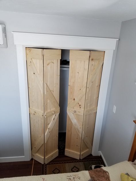 Rustic Folding Closet Doors, Barnyard Closet Doors, Barnwood Bifold Closet Doors, Tri Fold Barn Door, Budget Barn Door, Closet Barn Door Bedrooms The Home Depot, Closet Doors Painted, Renter Friendly Decorating, Rustic Closet