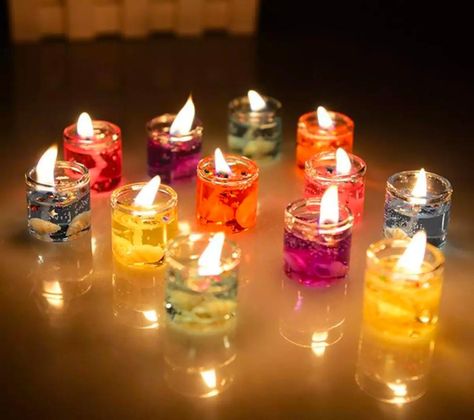 Home Decor Diwali, Water Candles Diy, Jelly Candles, Diwali Candles, Gel Wax, Water Candle, Spa Birthday Parties, Gel Candles, Spa Birthday