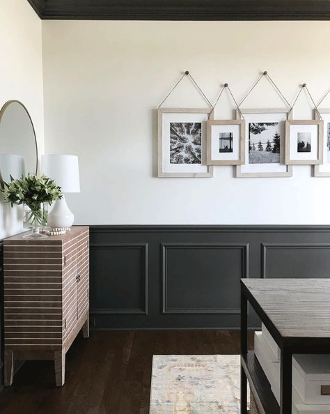 Dark Wainscoting Dining Room, Short Board And Batten Wall, Dining Room Wainscoting Paint, Dark Board And Batten Wall, Wainscoting Ideas Dining Room, Painted Chair Rail, Dining Room Wainscoting Ideas, Dark Wainscoting Ideas, Wainscoting Living Room