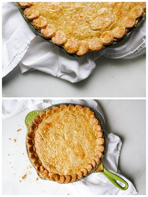 Cheddar Cornmeal Chicken Pot Pie Recipe by the Wood and Spoon Blog. This pot pie features a cheddar cornmeal crust, that bakes up almost cracker like. The filling is adapted from Ina Garten's famous recipe, and is butter goodness. The recipe can be made in a single pot, but I prefer to bake it in a cast iron skillet. You can even freeze the crust! Cornmeal Chicken, Cornmeal Crust, Individual Chicken Pot Pies, Pot Pie Filling, Cooking Pork Chops, How To Cook Zucchini, How To Cook Corn, Cheese Straws, Pie Tops