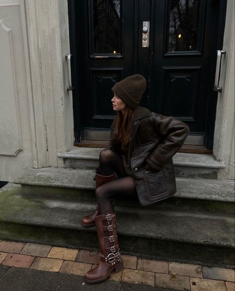 Buckle Boots Outfit, Brown Biker Boots, Moto Boots Outfit, Biker Boots Outfit, Brown Buckle Boots, Miu Miu Boots, Brown Boots Outfit, Pernille Teisbaek, Fall Boots Outfit