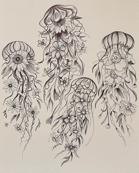 Pretty things and potential plans 💖🌸💝 #tattooideas #jellyfishtattoo #jellyfish #jellyfishart #jellyfishdrawing #tattoodrawing #illustrationtattoo Jelly Fish Floral Tattoo, Jellyfish And Flower Tattoo, Jelly Fish Tattoo Color, Mushroom Jellyfish Tattoo, Jellyfish With Flowers Tattoo, Fine Line Jellyfish Tattoo, Floral Jellyfish Tattoo, Jellyfish Tattoo Color, Jelly Fish Tattoos