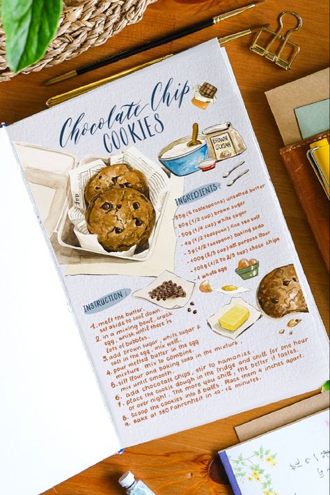 Recipe Illustration, Scrapbook Recipe Book, Homemade Recipe Books, Recipe Book Design, Recipe Notebook, Recipe Book Diy, Homemade Cookbook, Recipe Drawing, Chocolate Chip Cookies Recipe