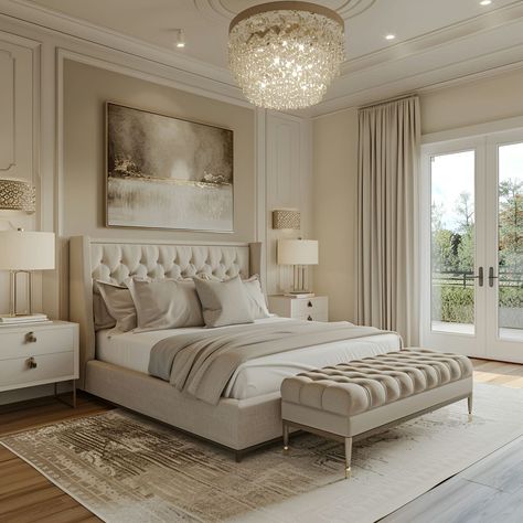 Elegant modern classic bedroom featuring a luxurious bed with a beige velvet headboard, crystal chandelier, and silver accents. Neutral tones dominate with light beige walls, cream carpet, and light wood floors. The room includes white side tables, modern and large art pieces, and soft grey pillows. French doors and large windows provide views to an outdoor terrace or balcony, enhancing the serene ambiance. Bedroom Ideas Champagne Color, Classic Bedroom Inspirations, French Windows Bedroom India, Beige Bedroom Carpet, Neo Classic Side Table, Mediterranean House Bedroom, Classical Modern Bedroom, Bedroom Ideas With Balcony, Bedroom Cream Walls