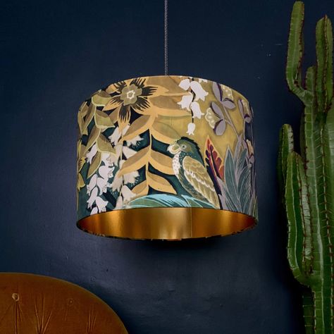 Bespoke Lamp shades with Gold Lining | Love Frankie Cool Lamp Shades, Parlour Games, Colorful Lampshades, Lamp Craft, Unique Lamp Shades, Gold Lamp Shades, Bedroom Lampshade, Velvet Lampshade, Fabric Lamp Shade