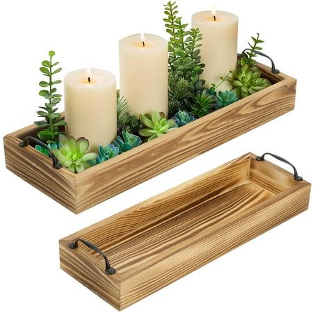 LotFancy rectangular serving Tray made of solid pine wood, two cutout handles for easy carrying. Our wood tray will add a nice rustic touch to any space. Rustic centerpiece tray is great to use as a decorative centerpiece with candles, flowers, plants and other home decor on the dining table, coffee table, kitchen island, ottoman or countertop. Our long narrow tray can be used as a kitchen tray to hold condiments, mason jars, use as a bathroom tray to keep makeup, keep your vanity organized, as