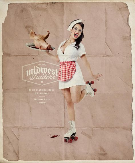 Midwest Trader Print Advert By Xtra Shiny: Waitress | Ads of the World™ Waitress Pose, Adam Johnson, Retro Curls, Creative Advertising Campaign, Ads Of The World, Creative Ads, Pin Up Art, Pin Up Style, Creative Advertising