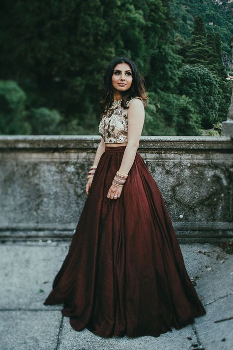 Brown two-piece wedding dress | Image by LaTo Photography Indian Wedding Dress Modern, Red Satin Prom Dress, Lehnga Designs, Indian Gowns, Beaded Prom Dress, Satin Prom Dress, Dress Images, Indian Designer Outfits, Lehenga Designs