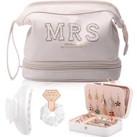 PRICES MAY VARY. Comprehensive Package: the package include 1 piece of wedding bride cosmetic bag, 1 piece of bride jewelry case, 1 piece of hair clip, 1 piece of hair scrunchie, and 2 sets of MRS embroidered letters( DIY accessories) which caters to various needs, making it an ideal gift for brides Large Capacity: the bride makeup bag leather comes in a large size, measuring approx. 9.84 x 5.91 x 7.48 inches, designed with double layers and with a handy handle, easy to carry, and it can store c Soon To Be Bride Gifts, Honeymoon Toys, Bride Gifts From Maid Of Honor, Bridal Shower Gifts For Bride Baskets, Bride Gifts From Bridesmaid, Gift For Bride From Bridesmaid, Bachelorette Gifts For The Bride, Bride Bachelorette Gift, Bride Gift Basket