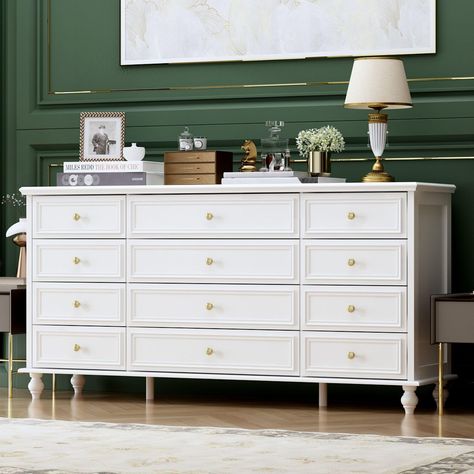 PRICES MAY VARY. Modern & Chic - Sleek stream-lined design with timeless color combination made this modern 12 drawer dresser. Compact structure and fine texture remain classic and elegance for your living space. This white dresser is suitable for anywhere in your living space for storage organization: bedroom, living room, hallway, entryway or even kitchen. Sufficient Storage - Featuring 8 tiny drawers on both sides and 4 spacious drawers, the dresser for bedroom provides enough space to organi Dresser Console, 12 Drawer Dresser, Dresser Modern, Coastal Farmhouse Style, Gold Dresser, Nursery Dresser, Dresser For Bedroom, Dressers For Sale, Dresser Chest