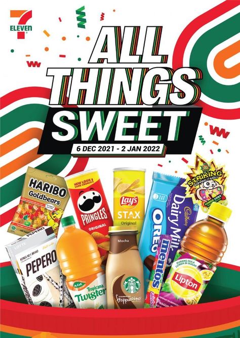 7 Eleven All Things Sweet Promotion Catalogue (6 December 2021 - 2 January 2022) Promotion Catalogue Design, Poster Promotion Design, Promotion Ads Design, Promotion Design Ideas, Typography Ads, Poster Promo, Promotion Poster Design, Poster Drink, Poster Promotion