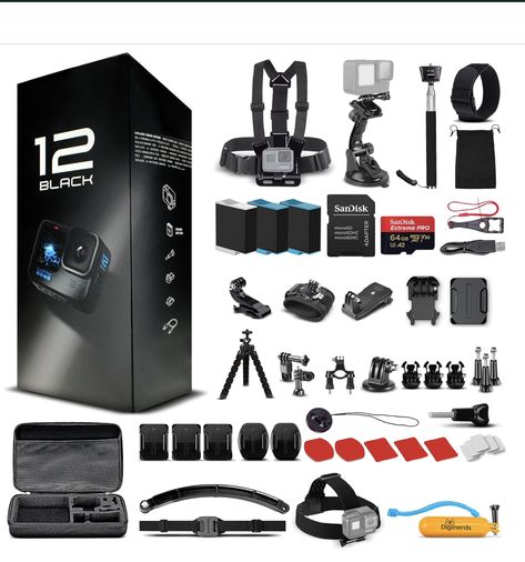 Go Pro HERO12 (Hero 12) Black - with 50 Piece Accessory Kit and 2 Extra Batteries + 64GB Card - Waterproof Action Camera - 5.3K HDR, 27MP Photos, 1/1.9" Sensor, Live Streaming, Webcam, Stabilization Waterproof Camera, Go Pro, Sports Camera, Monopod, Gopro Hero, Action Camera, Live Stream, Ultra Hd, Sd Card