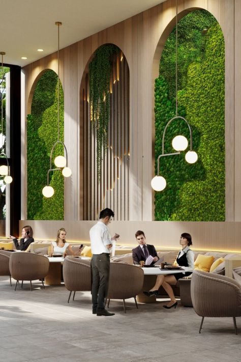 Biophilic Design Restaurant, Moss Wall Interior Design, Restaurant Green Wall Design, Biophilic Restaurant Design, Biophilic Hotel Design, Biophilic Cafe Design, Biophilic Reception Design, Biophilic Wall Design, Art Deco Lobby Design