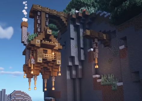 House In Cliff Minecraft, Minecraft Medieval Cliff House, Hanging Cave House Minecraft, Side Of Cliff House Minecraft, Minecraft Cliff Side Builds, Minecraft Building Ideas Mountain Side, Minecraft House On Mountain Side, Mountain Cliff House Minecraft, Minecraft Cliff Base Ideas