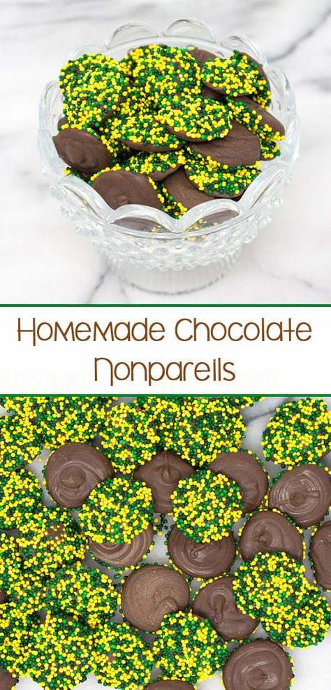 Homemade Chocolate Nonpareils – milk chocolate disks covered in your favorite colored nonpareils. Chocolate Nonpareils, Homemade Milk Chocolate, Chocolate Melting Wafers, Chocolate Bark, Homemade Candies, Superbowl Party, Chocolate Treats, Homemade Chocolate, Xmas Party