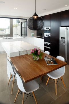 KITCHEN ISLAND AND DINING TABLE COMBO - this could literally pull out of island for entertaining Hiasan Dalaman Dapur, Idea Dapur, Dapur Moden, Reka Bentuk Dapur, Hiasan Dalaman Rumah, Reka Bentuk Dalaman, Contemporary Kitchen Cabinets, Серая Кухня, Kitchen Island Bench