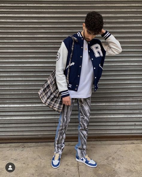 Varsity Jacket Outfits for Men-16 Best Varsity Jacket Styles Basketball Jacket Outfit, Distressed Sweater Outfit, Jacket Outfit For Men, Varsity Streetwear, Varsity Jacket Style, University Jacket, Basketball Jacket, Khaki Pants Outfit, School Attire