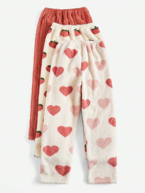 2pcs Strawberry Print Flannel Sleep Pants | SHEIN USA Strawberry Pyjamas, Fuzzy Pj Pants, Plush Pajama Pants, Aesthetic Bow, Pinterest Wardrobe, Christmas Lists, Warm Pajamas, Cute Pjs, Grunge Outfit