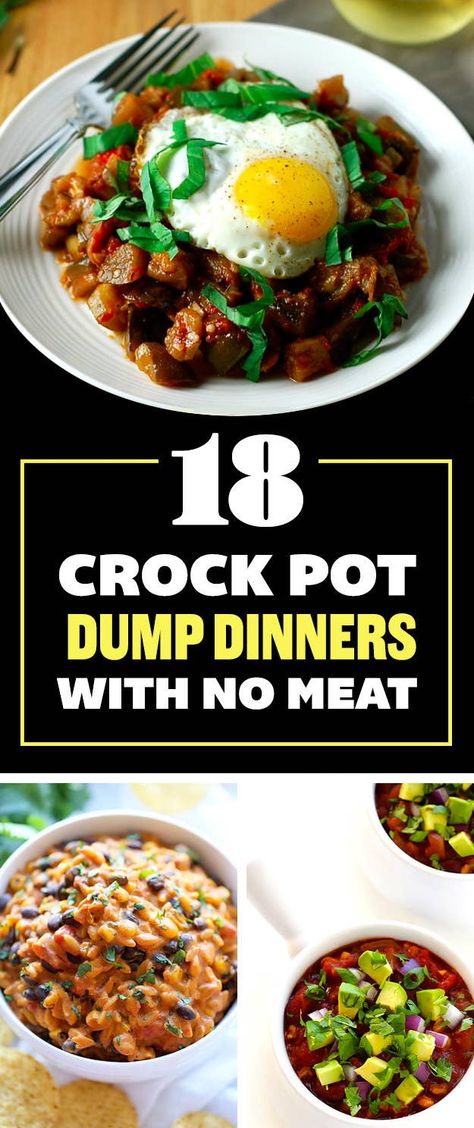 Dump Crockpot, Dinners With No Meat, Meat Crockpot, Crock Pot Dump, Vegetarian Slow Cooker Recipes, Vegetarian Crockpot Recipes, Dump Dinners, Slow Cooker Vegetarian, No Meat