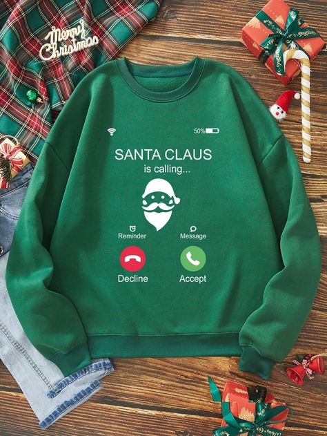 Dark Green Casual Collar Long Sleeve Fabric Christmas,Slogan Pullovers Embellished Non-Stretch Fall/Winter Women Clothing Deco Table Noel, Holiday Tops, Merry Christmas Shirts, Holiday Prints, Santa Baby, Thanksgiving Shirts, Christmas Illustration, Long Sleeve Sweatshirt, Girl Sweatshirts