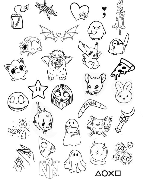 One of the sheets that will be available this Friday the 13th $31 tattoo sale!! Come see us!! Mini Spooky Tattoos, Friday The 13th Flash Sheet, 2x2 Tattoo Ideas For Women, Friday 13th Tattoo Flash, Simple Spooky Tattoos, Horror Flash Tattoo, Creepy Tattoo Ideas, 90s Flash Tattoo, Small Horror Movie Tattoos