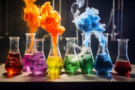 Colorful chemical reactions occurring in glass beakers. Generative AI stock image Coffee Zone, Chemical Reaction, Beakers, Chemical Reactions, Fairy Angel, Graphic Designs, Biology, Chemistry, The Beauty