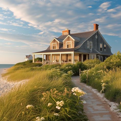 Beach House New England, Beach Homes Exterior Seaside, House By Beach, Beach House Exteriors, Nantucket Design, Traditional Beach House, Trimmed Windows, Maine Beach House, Nantucket Beach House