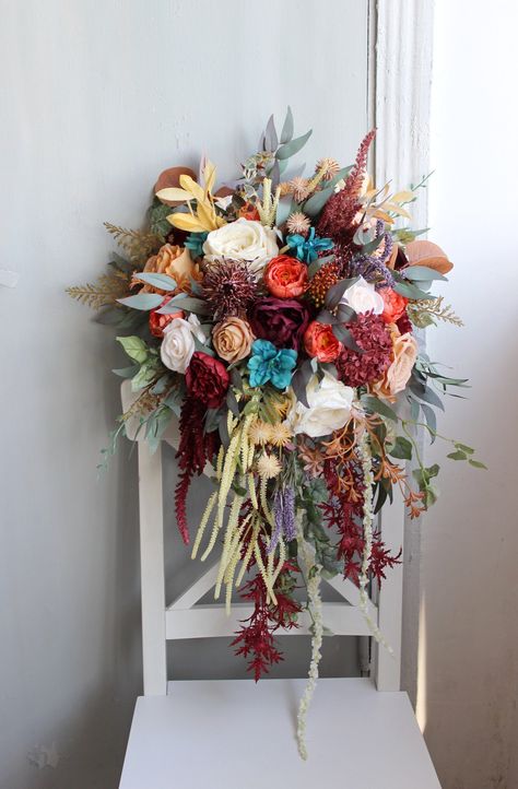 All the flowers and greenery is artificial and of high quality! Burgundy Teal Wedding, Copper And Teal Wedding, Corsage Tutorial, Teal Fall Wedding, Teal Wedding Bouquet, Wedding Bouquet Cascading, Teal Bouquet, Navy Wedding Bouquet, Western Wedding Decorations