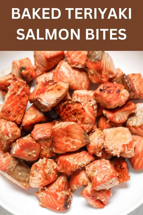 Easy Baked Teriyaki Salmon Bites Salmon Bites Oven, Baked Salmon Bites, Teriyaki Salmon Bites, Bbq Baked Chicken Breast, Cheap Side Dishes, Salmon Bites Recipe, Baked Teriyaki Salmon, Salmon Teriyaki Recipe, Quick Salmon