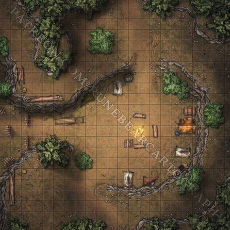 Bandit ambush camp battlemap for your dungeons and dragons game! This map is available on my patreon in day & night versions. Enjoy! . . . . #dnd #dnd5e #battlemap #battlemaps #fantasymaps #cartography #dungeonmaster #roll20 #ttrpg #dndmaps Camp Battlemap, Dungeons And Dragons Game, Dungeon Master, Day Night, Dungeons And Dragons, Map, Quick Saves