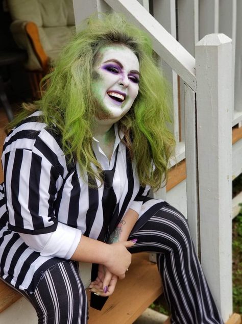 Womans beetlejuice costume Plus Size Beetlejuice Costume Diy, Beetlejuice Hair Female, Plus Size Beetlejuice Costume, Bettle Juice Costume Woman, Beetlejuice Female Costume, Beetle Juice Costume Female, Womens Beetlejuice Costume, Female Beetlejuice Makeup, Beetlejuice Makeup Female