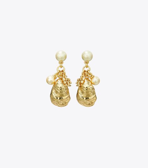 Kira Charm Earring: Women's Designer Earrings | Tory Burch Drop Pearl Earrings, Tory Burch Earrings, Tory Burch Kira, Square Toe Sandals, Cowrie Shell, Shell Earrings, White Earrings, Aesthetic Grunge, Pearl Drop Earrings