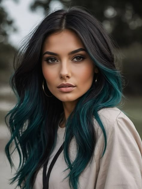 Medium Hair Colors For Women, Dark Hair Color For Green Eyes, Dark Hair With Some Color, Fashion Colors On Dark Hair, Dual Color Hair Ideas, Subtle Rainbow Highlights, Women’s Long Length Hair Cuts, Green Balayage On Black Hair, Deep Teal Hair Color